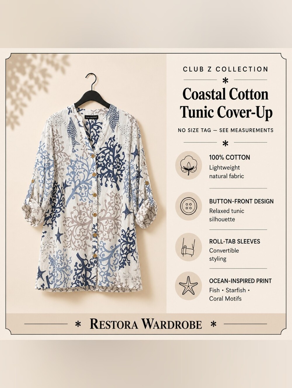 Club Z Collection Coastal Cotton Button Front Tunic Cover Up Fish Print